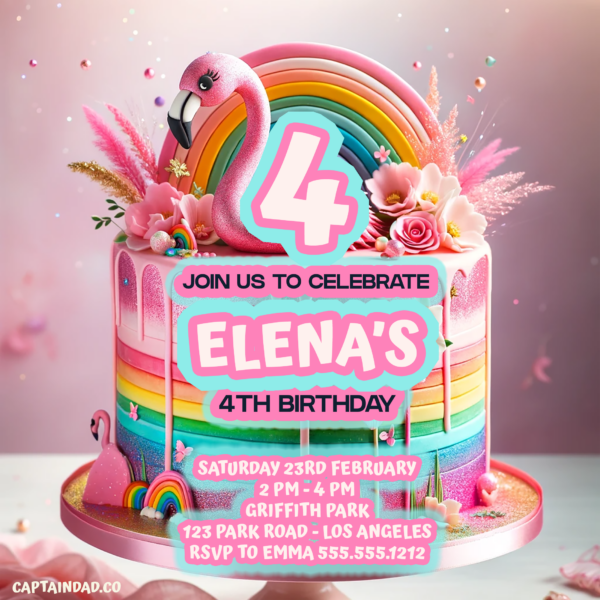 Rainbow Flamingo Birthday Cake Birthday Invitation - Photoshop PSD